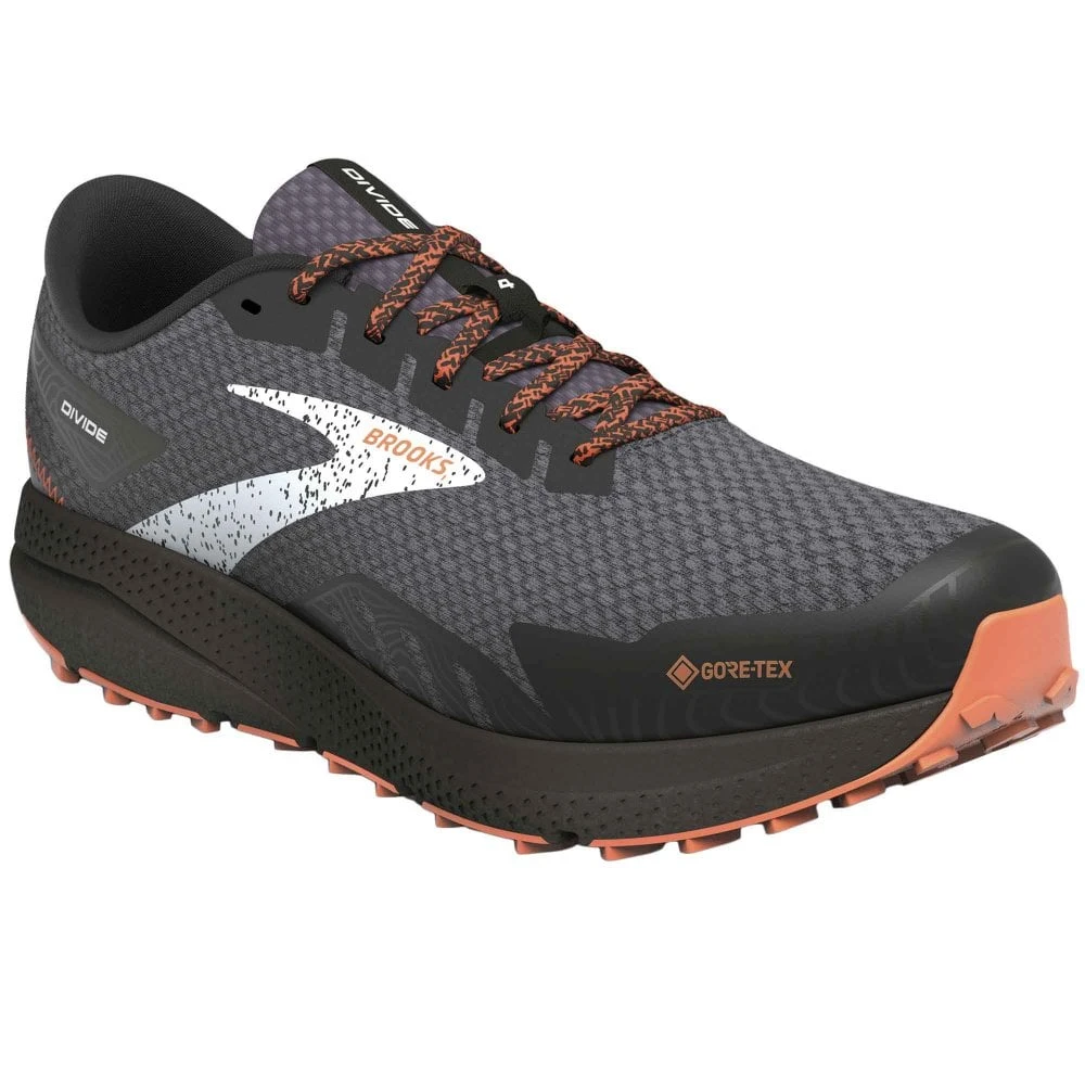 BROOKS Divide 4 GTX Mens Waterproof Trail Running Shoes Black/Firecracker/Blue 1 BROOKS Divide 4 GTX Mens Waterproof Trail Running Shoes Black/Firecracker/Blue